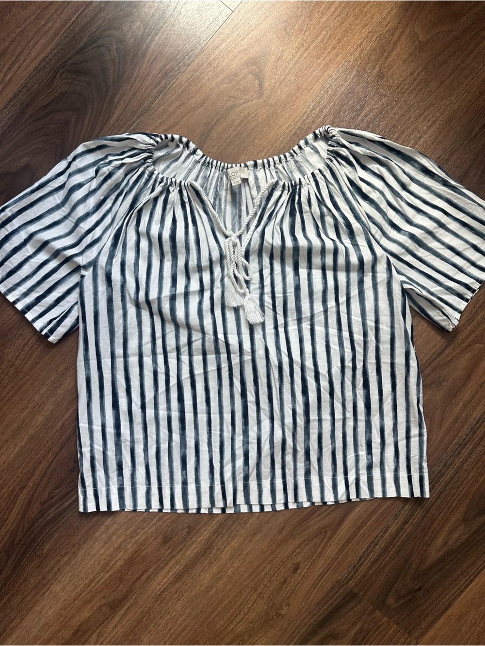 LOFT Striped drawstring Neck Top - White & Navy